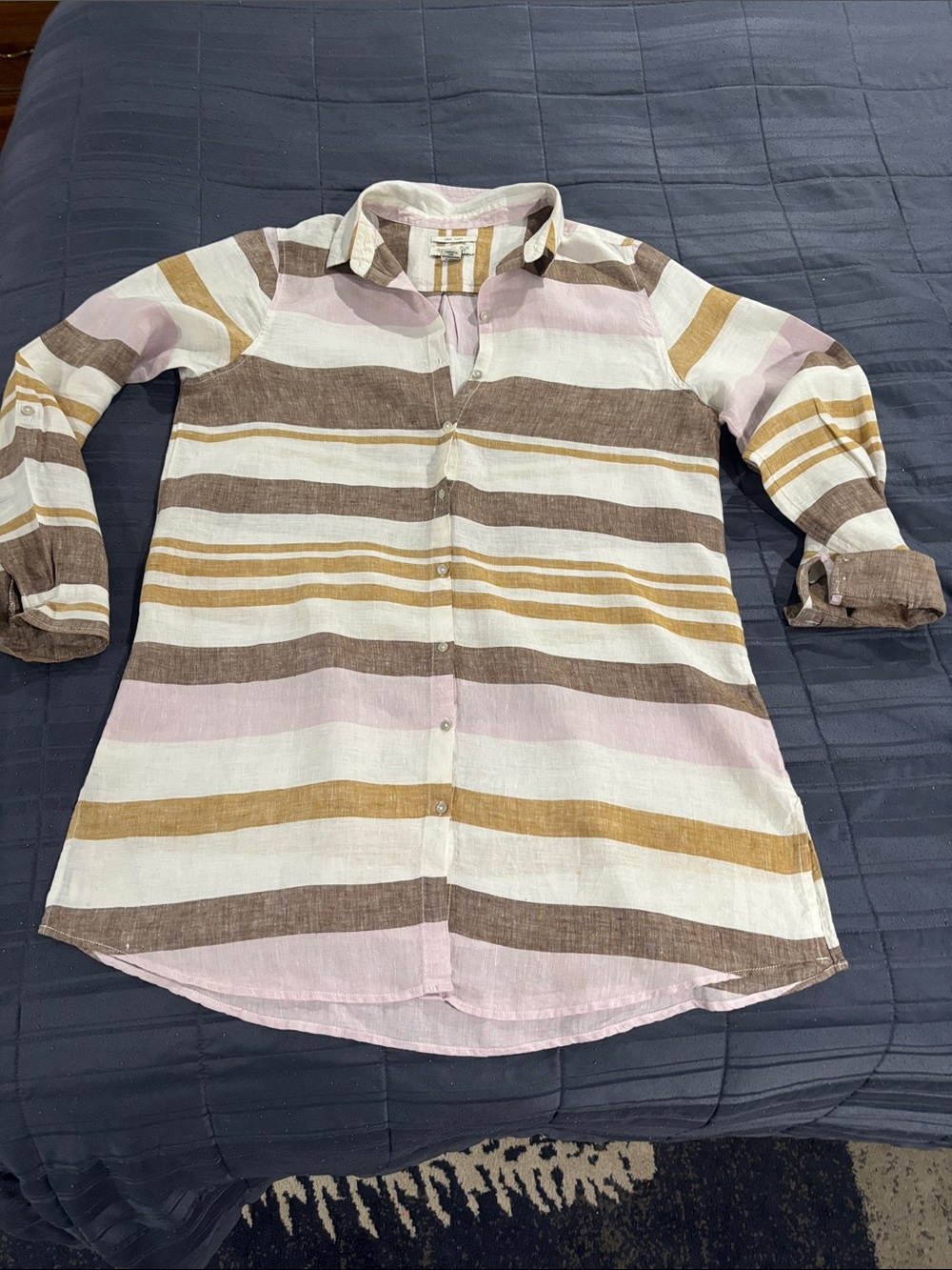 Rachel Zoe Striped Button-Front Tunic in Brown, Pink, White & Mustard. Linen